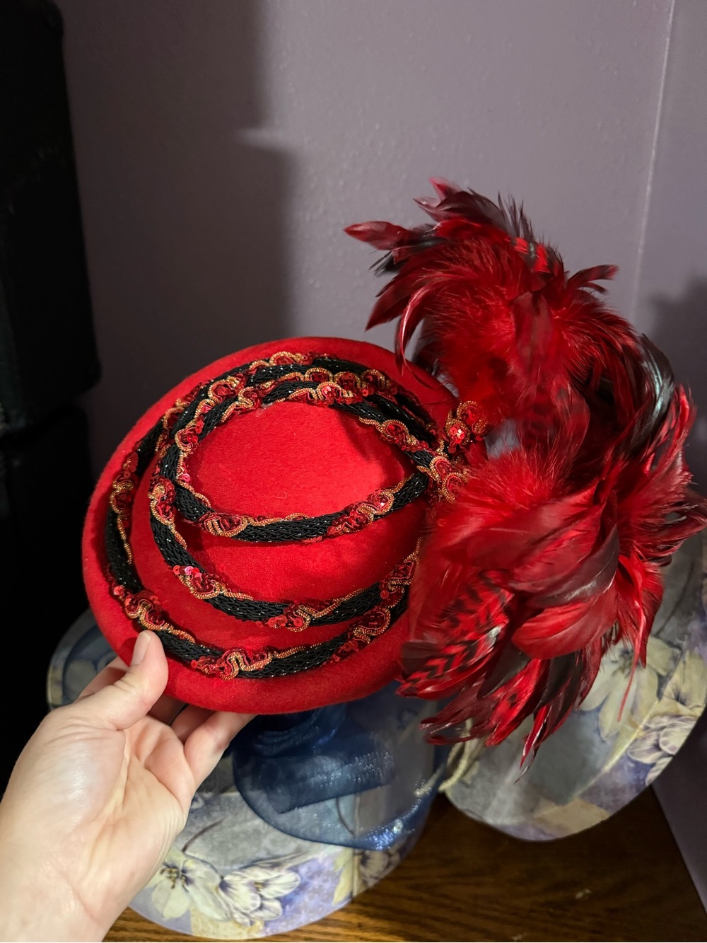 Vintage Red Wool Hat, Black & Gold Sequin Trim, Feather Plume, W/ Hat Box
